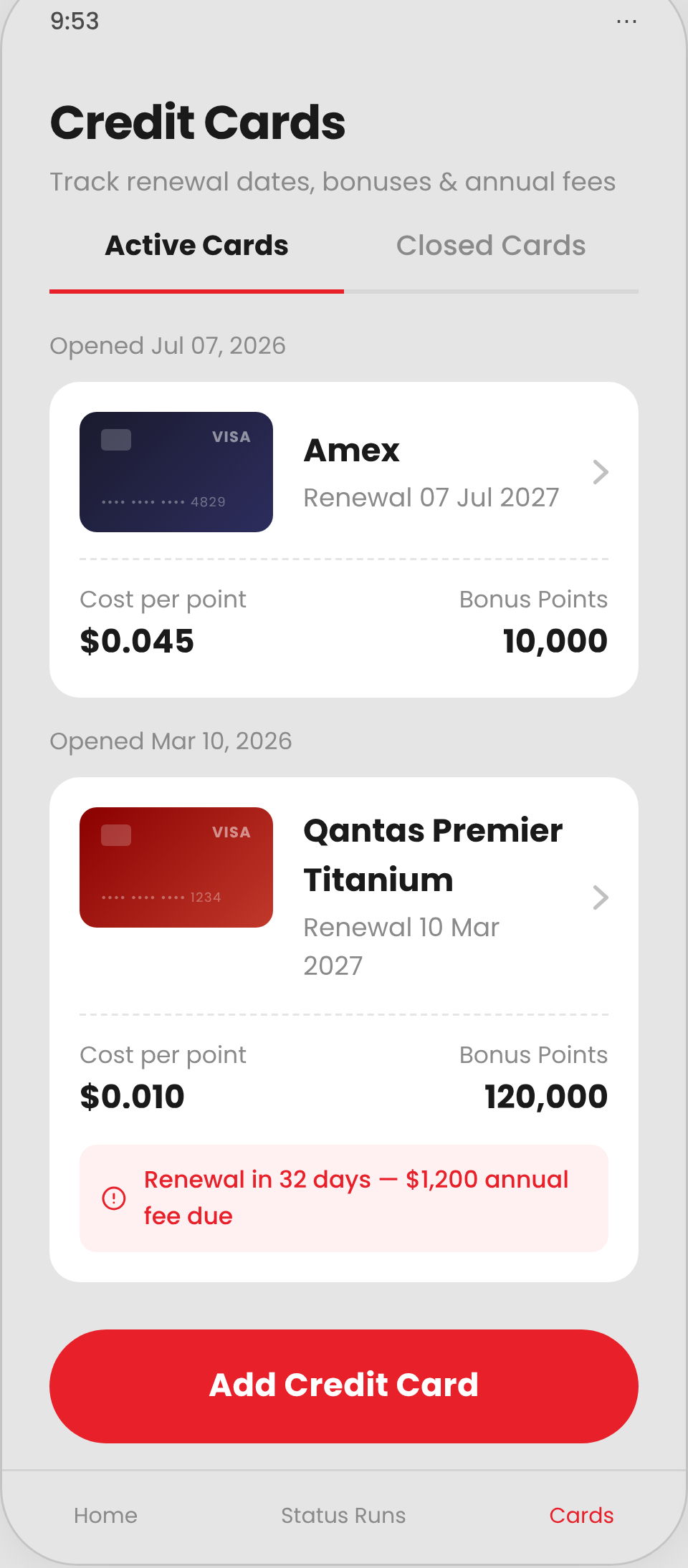 Reward credit cards with renewal and bonus tracking
