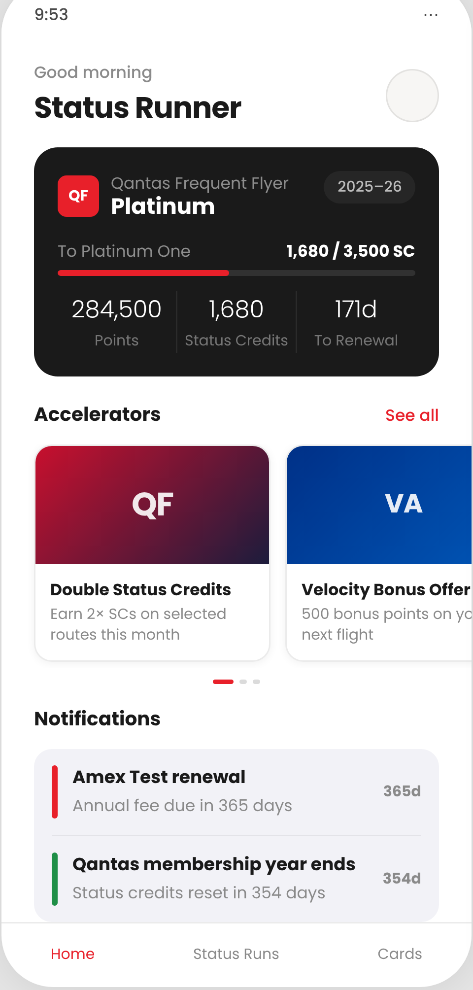 Status Runner home screen showing Qantas Platinum status, 1,680 of 3,500 status credits, points and days to renewal